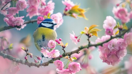 Spring Serenade: Blue Tit Perched Among Cherry Blossoms Generative AI