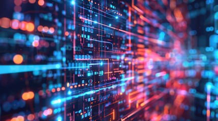 Shot of Corridor in Working Data Center Full of Rack Servers and Supercomputers with High Internet Visualisation Projection.