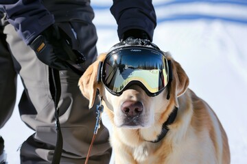 labrador with ski goggles, leash held by ski instructor