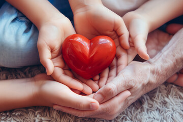Family hands holding red heart, heart health insurance, charity volunteer donation, CSR responsibility, world heart day, world health day, family day, adoption foster care home, compliment concept - obrazy, fototapety, plakaty