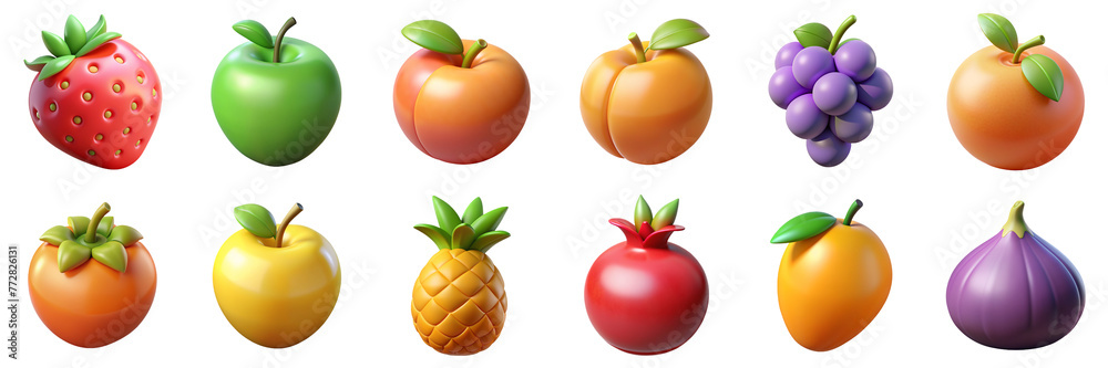 Wall mural fruits 3d icons. illustration of food - strawberry, green apple, persimmon, pineapple, pomegranate, 