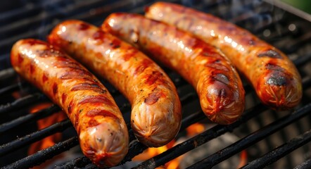 Bratwurst Sausage on the Grill - Cookout Delight for Summer Barbecues and Appetising Day-time Snacks - obrazy, fototapety, plakaty