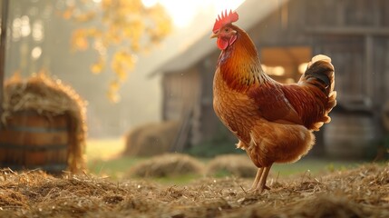Rooster standing proudly on a farm - obrazy, fototapety, plakaty