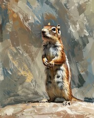 Brown Ground Squirrel. Chipmonk Standing on Two Legs in the Wild, Adorable Mammal with Stripes and Cute Appearance. - obrazy, fototapety, plakaty