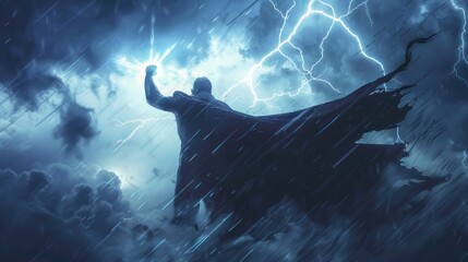Brutal Fantasy Hero in a Storm: Hooded Cloak, Lightning Strikes & Sorcery - 2D Art