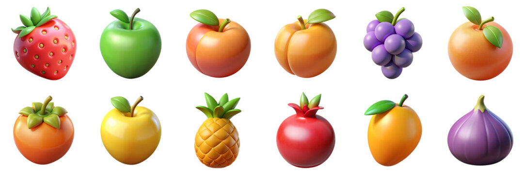 Fruits 3D icons. Illustration of food - strawberry, green apple, persimmon, pineapple, pomegranate, fig, dragon fruit, raspberry, papaya