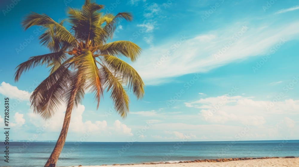 Poster a palm tree is standing on a beach with a clear blue sky above it