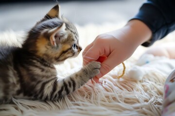 kitten sniffing a babys outstretched hand - obrazy, fototapety, plakaty