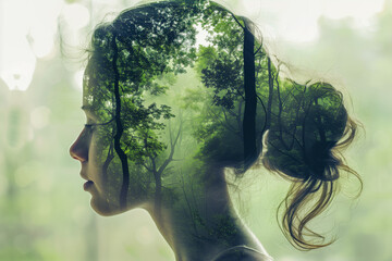 Double exposure of a woman's head with forest landscape in the background.