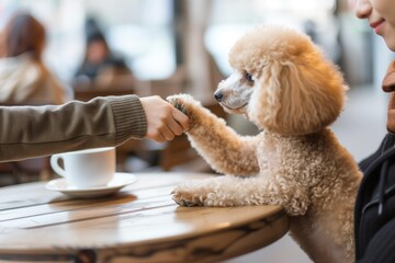woman shaking paw with small poodle at a cafe table