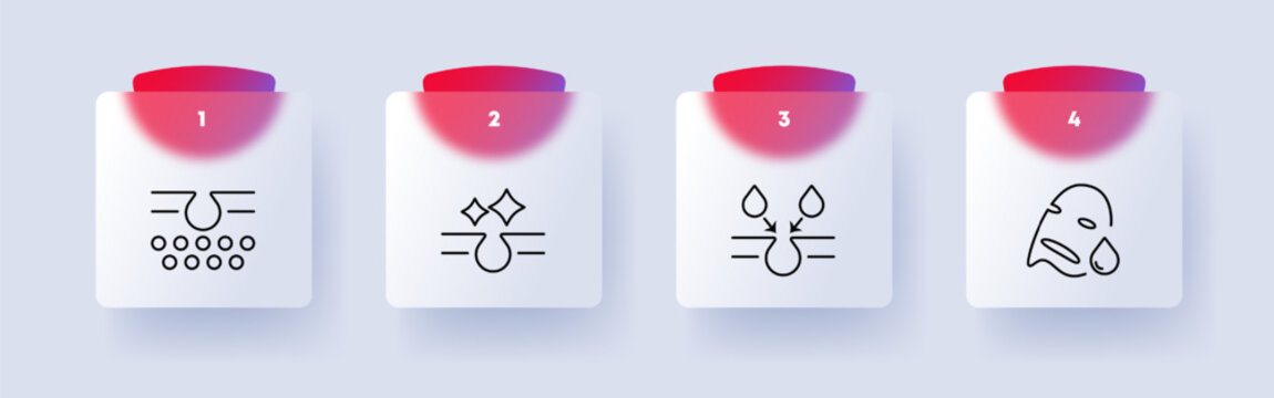 Skin care icon set. Cream, liquid, protection from sun rays and water, face, mask, natural product, HO2, flat design, nourishing liquid, numbering. Health care concept. Glassmorphism style.