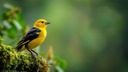 Fototapeta premium Vivid Yellow Golden Oriole Adorning the Mossy Forest Generative AI