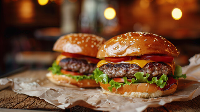Close-up of two juicy cheeseburgers on rustic restaurant table, fuzz peach, (cute photostock style)::18 