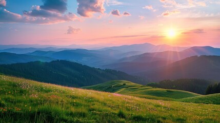 Naklejka na ściany i meble Sundown Serenity Over Cascading Peaks - A Majestic Mountain Dusk Generative AI