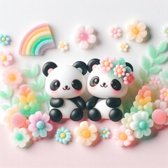 a cute couple panda with flowers made of pastel color rainbow gummy candy on a white background