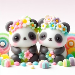 Obraz premium a cute couple panda with flowers made of pastel color rainbow gummy candy on a white background