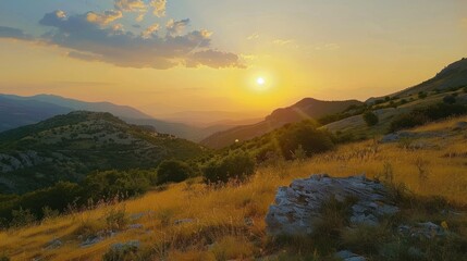Sundown Serenity Over Cascading Peaks - A Majestic Mountain Dusk Generative AI