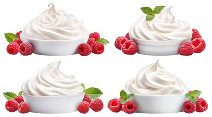 Set of bowls of creamy whipped delights with fresh raspberries, cut out