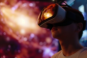 individual wearing vr headset with a simulated quasar visualization