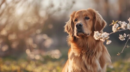 Obraz premium Thoughtful Golden Retriever Enjoys Spring Serenity in a Field - Generative AI