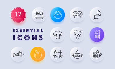 Food set icon. Fish, tomato, pastries, milk, crab, pancakes, apple, natural products, mushrooms, radishes, soup, hot, gradient, delicacies, unusual food. Healthy eating concept. Neomorphism style.