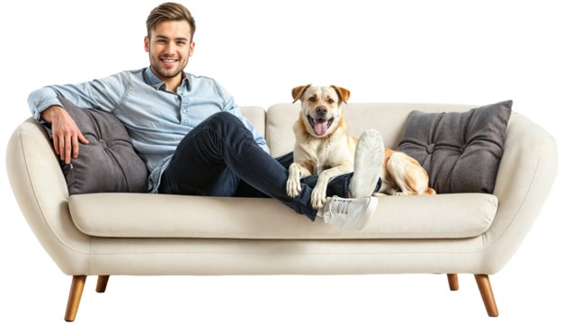 Handsome young guy is lying on a modern sofa together with his happy dog, isolated on a white background