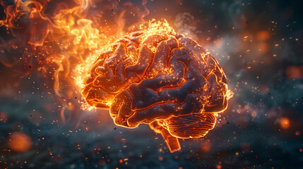 Conceptual image illustrating exploding brain on fire, representing neurological disorders such as Parkinson's, Alzheimer's, Dementia, or MS - obrazy, fototapety, plakaty