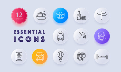 Travel set icon. Umbrella, navigation, maps, hot air balloon, train, cable car, diving, bed, telephone, stove, pointer, hobby, recreation. Tourism and wandering concept. Neomorphism style.