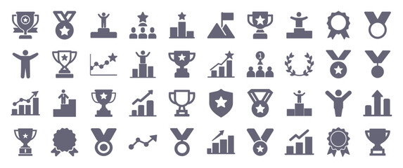 Winner award silhouette flat icons. Vector glyph pictogram set included icon as trophy cup, award medal, first place prize, team leader success, top product  illustration for infographic. - obrazy, fototapety, plakaty