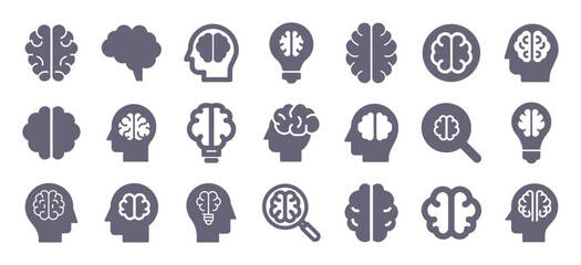 Brain glyph flat icons. Vector solid pictogram set included icon as light bulb creative idea, solution, brainstorm, innovation, memory, thinking intellect silhouette illustration for infographic. - obrazy, fototapety, plakaty