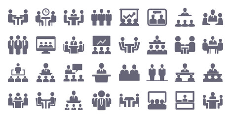 Business meeting glyph flat icons. Vector solid pictogram set included icon as team conference, seminar presentation, hr interview, group conversation silhouette illustration for infographic. - obrazy, fototapety, plakaty