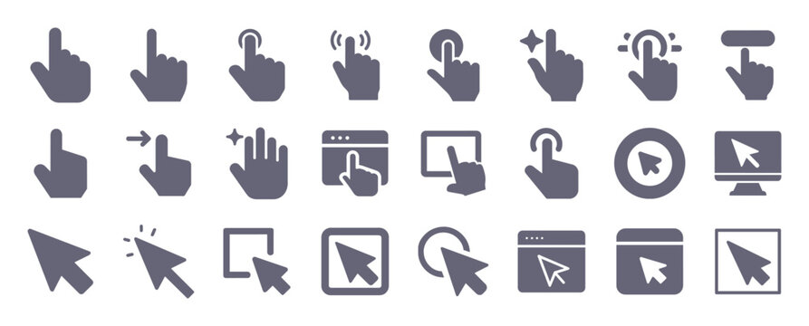 Click glyph flat icons. Vector solid pictogram set included icon as human finger, cursor on button, hand navigation, arrow pointer, mouse tap, touch screen silhouette illustration for infographic.