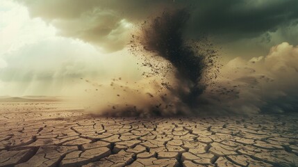 Tornado over cracked desert landscape