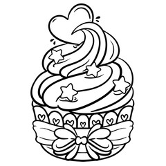 Hand-drawn a cute cupcake for the kid's coloring page, coloring book, cupcake outline, cake doodle.