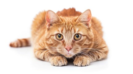 Fototapeta premium Gleaming Ginger Tabby Cat Poised Elegantly Against White Generative AI