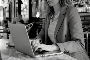 lady in a blazer typing on a laptop at a cafe - obrazy, fototapety, plakaty