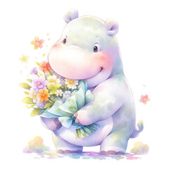 A cute cartoon hippo holding a bouquet of flowers