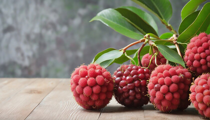 Red lychee organic fruit copy space blurred background,  colorful background - obrazy, fototapety, plakaty