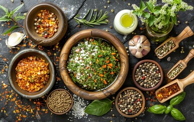 Top view of various spices and herbs in wooden bowls on dark background,World Health Day concept.