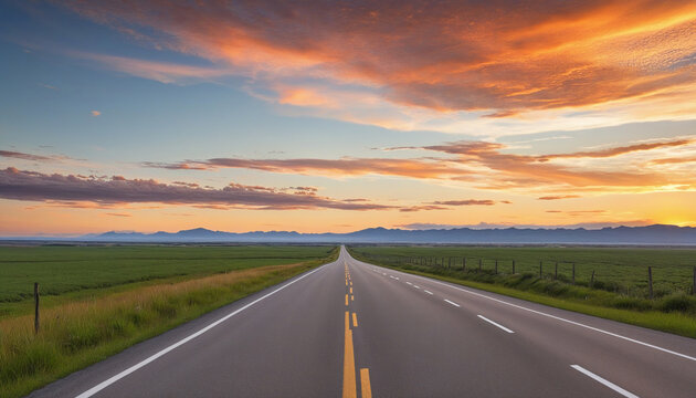 A long empty road stretching into the horizon painted in the colors of a deep mesmerizing sunset colorful background