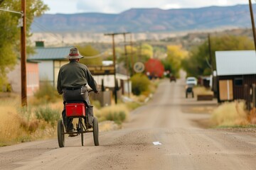 Obraz premium mail carrier using a tricycle to deliver mail in a small town