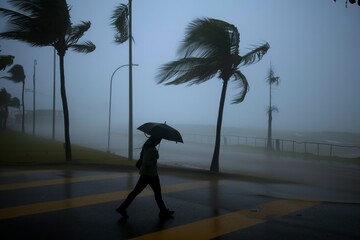 person walking with an umbrella against strong precyclone winds