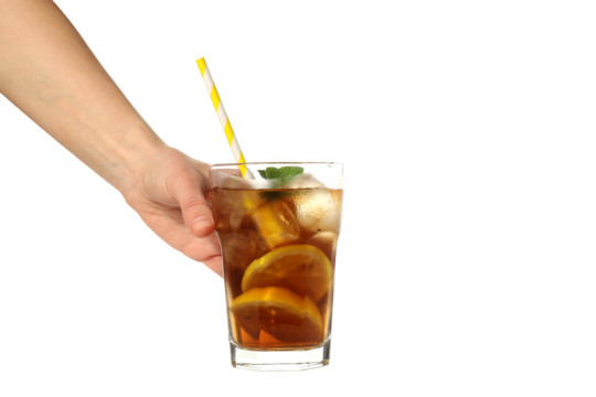 PNG, Glass of iced tea with straw in hand, isolated on white background