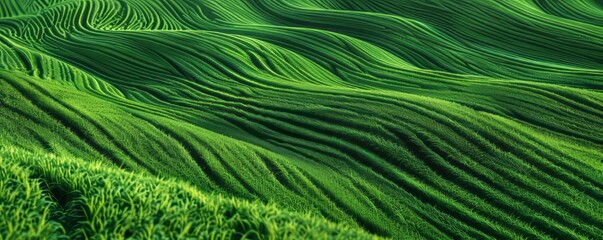 Abstract green landscape background with wavy lines, top view. Beautiful natural grassy hills. Abstract nature wallpaper