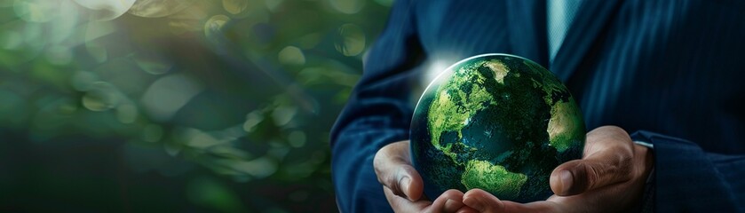 A businessman cradles a radiant green Earth globe