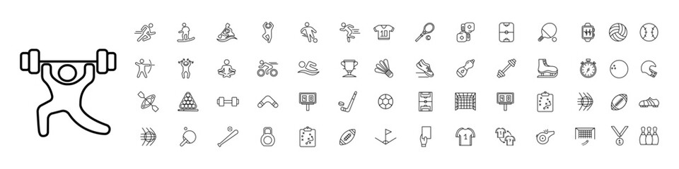 Useful hobby set icon. Running, skiing, dancing, swimming, kayaking, football, t shirt, racket, boxing gloves,air hockey, tennis racket, heart rate, volleyball, archery. Healthy lifestyle concept.