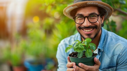 A cheerful man with glasses and a fedora hat tenderly holds a potted young plant - obrazy, fototapety, plakaty