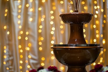 chocolate fountain with a backdrop of wedding lights - obrazy, fototapety, plakaty