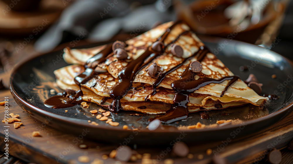 Wall mural Delicious crepe chocolate dessert on rustic wooden table, 