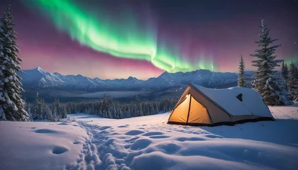 Fotobehang Camping At Night, Beneath The Enchanting Dance Of The Aurora, Set Against A Snow-Kissed Landscape, Captured Through The Lens Of Unreal  colorful background © Fukurou